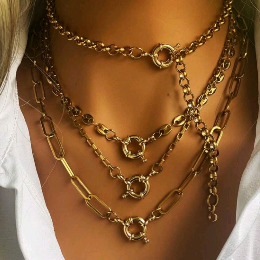 NEW! 14K Gold Plated Rolo Link & Chunky Ring Clasp Choker Necklace